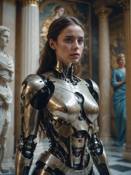 31073434-2946499990-cinematic film still, close up, a robot woman stands tall, half-human half machine, amongst an ancient Greek gallery of painting.png